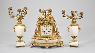 Gilt Bronze and Alabaster Mantle Clock with Candelabra