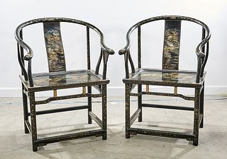 Pair Chinese Painted Hard Wood Scholar's Chairs
