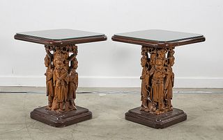 Pair Chinese Carved Wood Side Tables