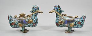 Pair Chinese Cloisonne Metal Duck-Form Vessels
