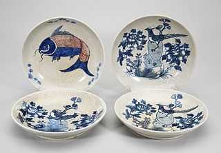Group of Four Chinese Red, Blue and White Crackle Glazed Porcelain Dishes