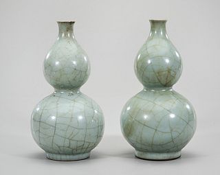 Pair Chinese Ru Ware Crackle Glazed Porcelain Vases