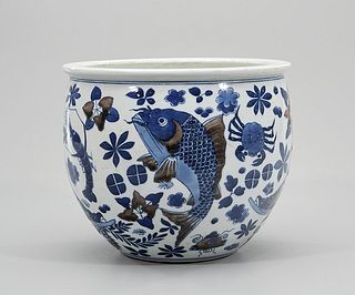 Chinese Red, Blue and White Porcelain Fish Bowl