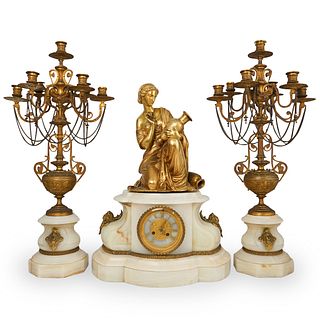 F Gautier & J Albinet Dore Bronze Clock Garniture Set