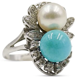 18k Gold, Pearl and Turquoise Ring