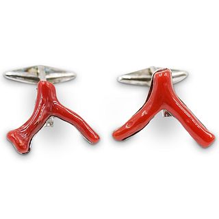 Sterling and Coral Inlaid Cufflinks