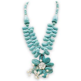 Turquoise & Pearl Flower Necklace