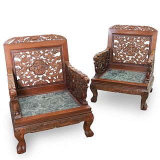 (2 Pc) Antique Chinese Wood Carved Chairs