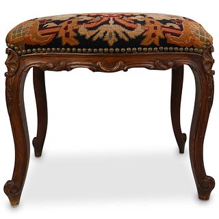 Antique Wood and Needle Point Stool