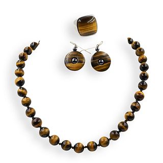 (4 Pc) Beaded Tiger Eye Necklace and Earrings