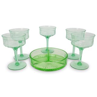 (6 Pc) Etched Green Glass Set