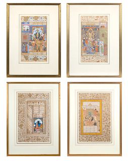 A SET OF FOUR MUGHAL ILLUMINATED MANUSCRIPT FOLIOS SHOWING COURT SCENES BY HAIDAR KASHMIRI, CIRCA 1600