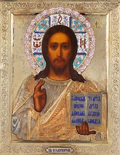 A RUSSIAN ICON OF CHRIST PANTOCRATOR WITH GILT SILVER, CLOISONNE AND CHAMPLEVE ENAMEL OKLAD, MOSCOW, 1899-1908