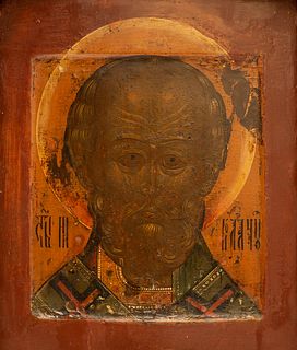 A RUSSIAN ICON OF ST. NICHOLAS THE WONDERWORKER IN INTRICATE KIOT, 18TH CENTURY