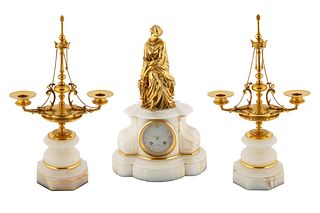 AN ORMOLU-MOUNTED WHITE MARBLE MANTLE CLOCK AND PAIR OF CANDLESTICK GARNITURES, CIRCA 1870