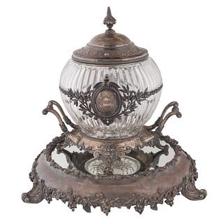 A SILVER-MOUNTED COVERED CRYSTAL BOWL ON MIRROR STAND, LATE 19TH CENTURY