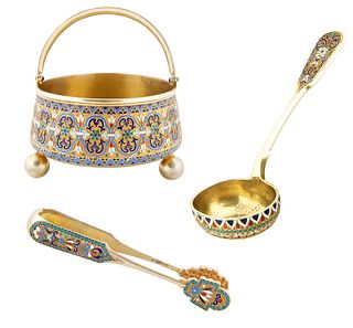 A RUSSIAN GILT AND ENAMEL SUGAR BOWL WITH STRAINER AND TONGS, WORKMASTER GUSTAV KLINGERT, MOSCOW, 1889