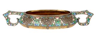 A RUSSIAN FABERGE-STYLE SILVER-PLATED AND SHADED CLOISONNE ENAMEL SERVING DISH, LATE 20TH CENTURY