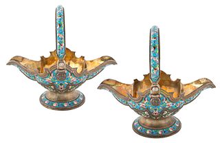 A PAIR OF RUSSIAN FABERGE-STYLE SILVER AND SHADED CLOISONNE ENAMEL BASKETS, LATE 20TH CENTURY