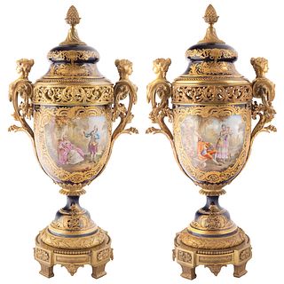 A PAIR OF POTPOURRI SEVRES STYLE PORCELAIN VASES, T. REBEL, LATE 19TH CENTURY