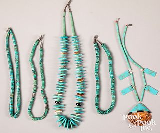 Five Native American Indian turquoise necklaces.