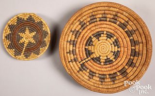 Two Hopi Indian polychromed coiled baskets