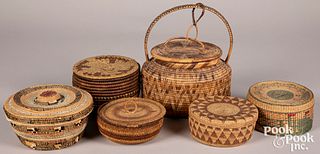 Six various tribal lidded baskets