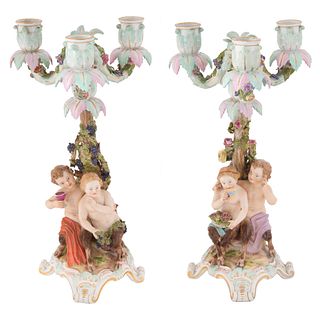 A PAIR OF PORCELAIN CANDELABRA, MEISSEN, LATE 19TH CENTURY