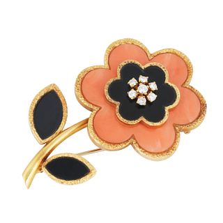 A VAN CLEEF & ARPELS CORAL AND DIAMOND 'CHERRY BLOSSOM' BROOCH