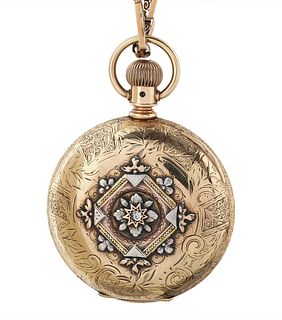 AN ELGIN NATIONAL WATCH 14K GOLD AND ENAMEL HUNTER CASE KEYLESS LEVER POCKET WATCH AND CHAIN, MOVEMENT NO. 3'575'000, CASE NO. 2'049'317, 1890