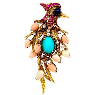 18KT GOLD  RUBY, TURQUOISE, LAPIS LAZULI CORAL AND DIAMOND WOODPECKER BROOCH 