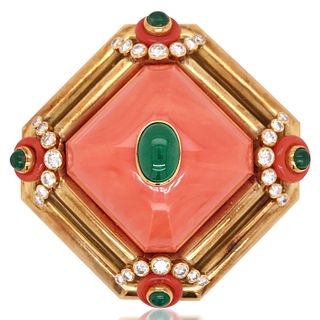 18KT CORAL DIAMOND AND EMERALD SET IN GOLD BROOCH