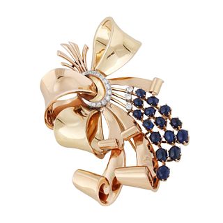 LARGE 14K GOLD BROOCH WITH DIAMOND AND SAPPHIRE DETAILS