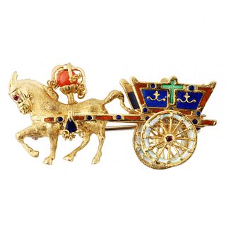 18K GOLD HORSE-AND-CARRIAGE BROOCH