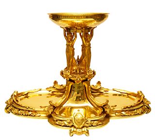 A LARGE SHEFFIELD GOLD PLATED FOUR-LOBED CENTERPIECE WITH CARYATIDS 