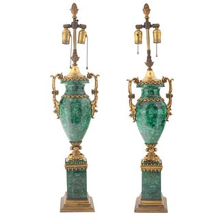 A PAIR OF FRENCH ORMOLU-MOUNTED MALACHITE URNS, 19TH CENTURY, CONVERTED INTO LAMP BASES