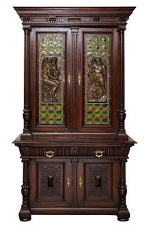FRENCH RENAISSANCE-REVIVAL STAINED-OAK COLORED LEAD-GLASS AND BRONZE-INSET STEPBACK BOOK CASE CABINET, LATE 18TH CENTURY