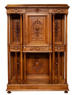 FRENCH RENAISSANCE-REVIVAL CARVED WALNUT MARBLE-INSET-RESERVE DISPLAY WALL CABINET, 19TH CENTURY