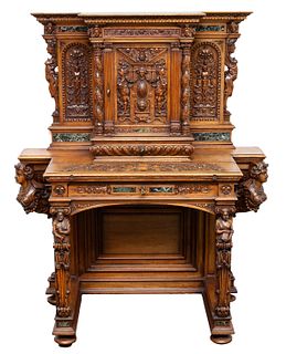 FRENCH RENAISSNACE-REVIVAL FIGURAL-CARVED WALNUT AND MARBLE INSET RESERVE SECRETARY CABINET, EARLY 19TH CENTURY