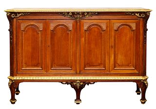 CONTINENTAL CLASSICAL-REVIVAL GILDED AND CARVED STAINED OAK SIDEBOARD, LATE 19TH CENTURY
