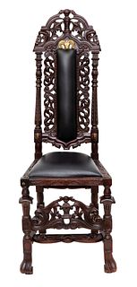 CARVED WOODEN HIGHBACK CHAIR WITH LEATHER