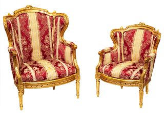 TWO LOUIS XV-STYLE UPHOLSTERED BERGERE ARMCHAIRS, 19TH CENTURY