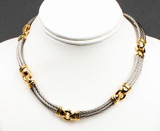 Modern 18K Yellow Gold & Steel Cable Link Necklace