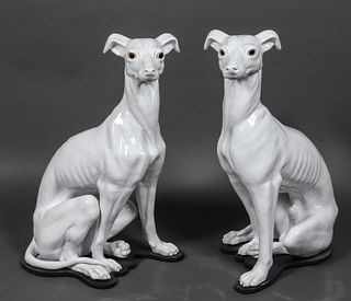 White Glazed Ceramic Whippet Sculptures, Pair