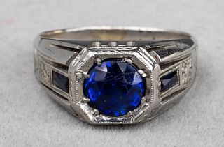 Art Deco 18K White Gold Sapphire Gent's Ring