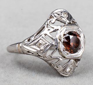 Edwardian 18K White Gold & Cognac Diamond Ring