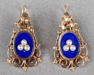 Victorian Style 14K Gold, Pearl & Enamel Earrings