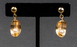 Vintage 14K Yellow Gold Pearl Drop Clip Earrings