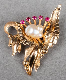 18K Yellow Gold Baroque Pearl & Ruby Brooch / Pin
