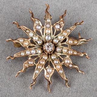 Edwardian 12K Diamond & Pearl Starburst Brooch/Pin